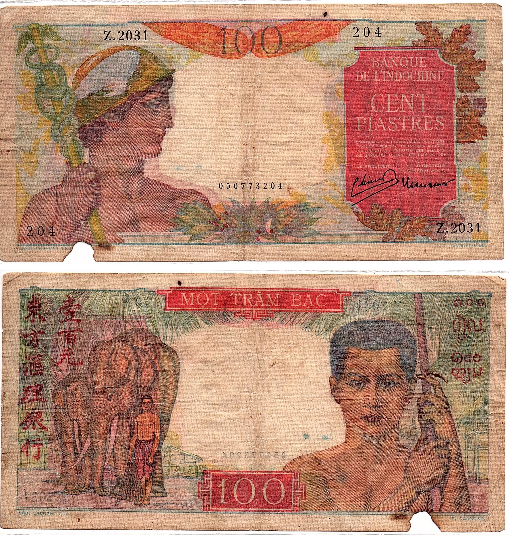 French Indochina #82b/VG2  100 Piastres / Yuan / Đồng / Kip / Ri
